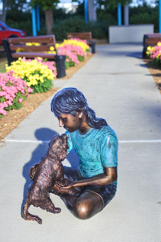 Young Girl Playing with Her Maltese Dog Bronze Statue 24" x 19" x 24"H