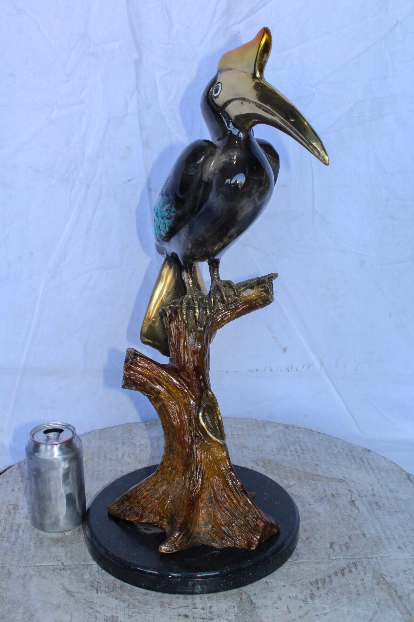 Hornbill Bird on Tree Branch, Colored Bronze Statue 10" x 10" x 22"H