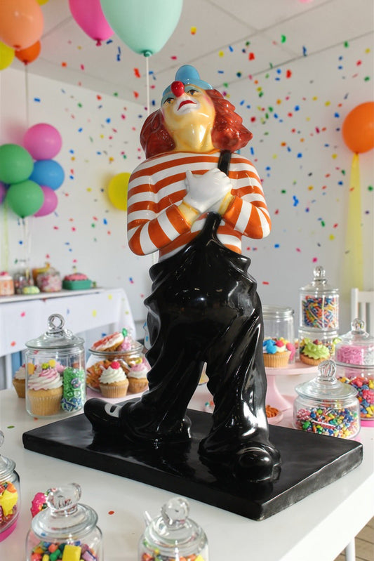 Colorful Fiberglass Clown Fiberglass Statue, Striped Shirt 27" x 17" x 39"H