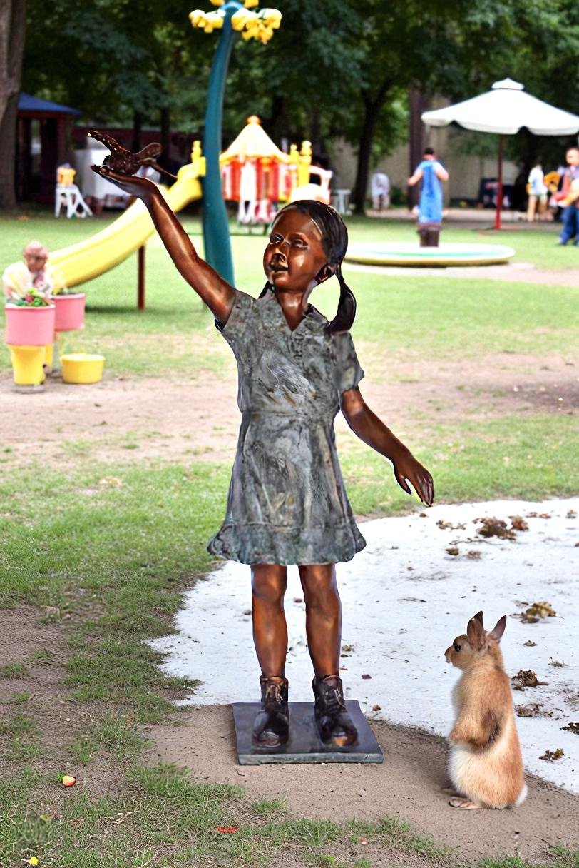 Young Girl Holding a Bird Outside at The Park - Size: 21"L x 11"W x 49"H.