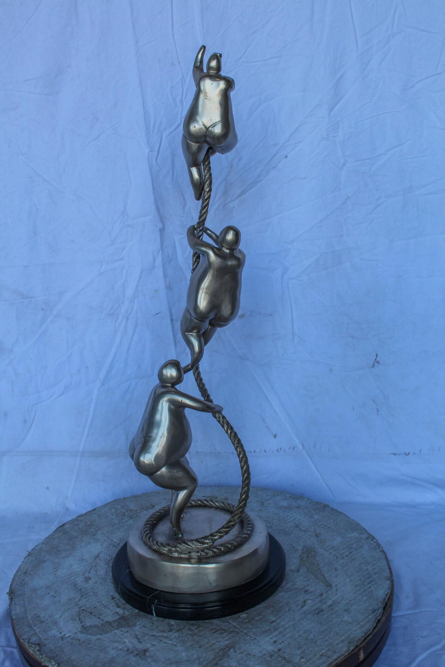 Three Voluptuous Women Climbing a Rope Statue, Silver Finish 12" x 12" x 32"H