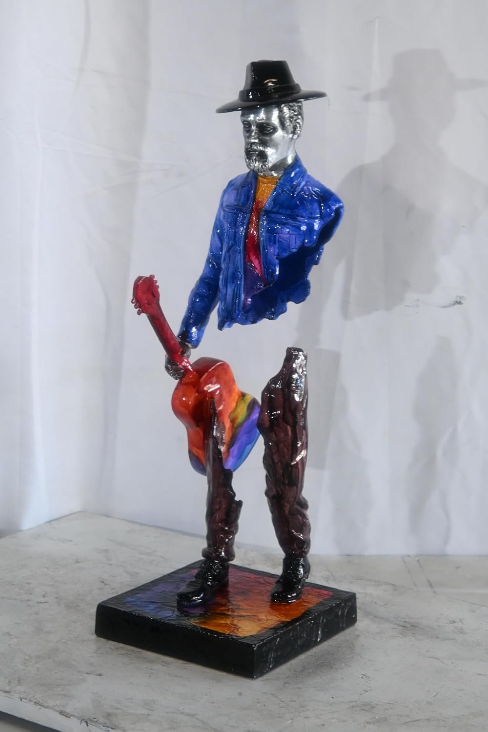 Traveler Musician Holding Guitar Case Aluminum Sculpture 9"x8"x34"H