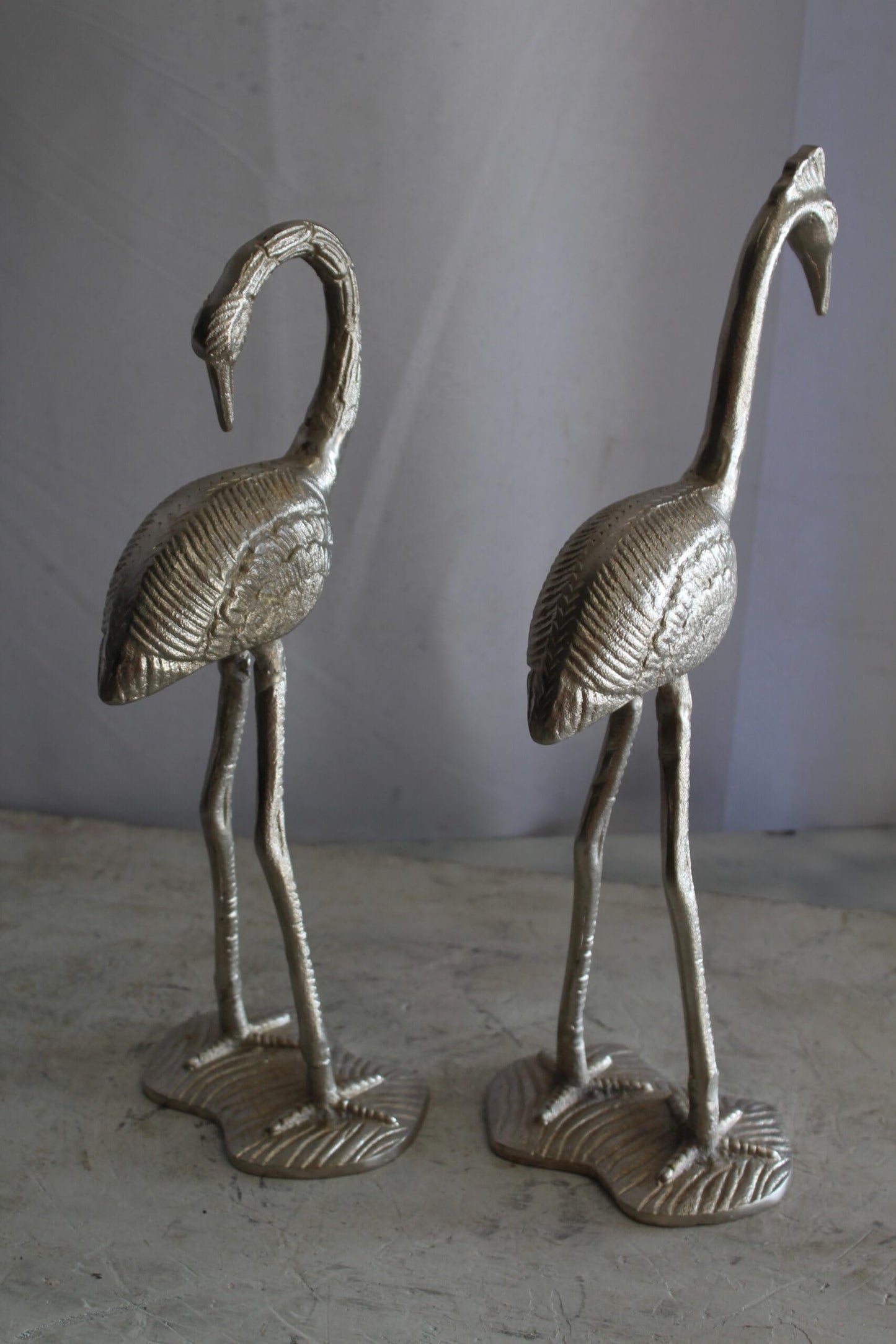 Art Deco Silver Flamingo Pair, Aluminum Decor Set 10" x 7" x 19"H
