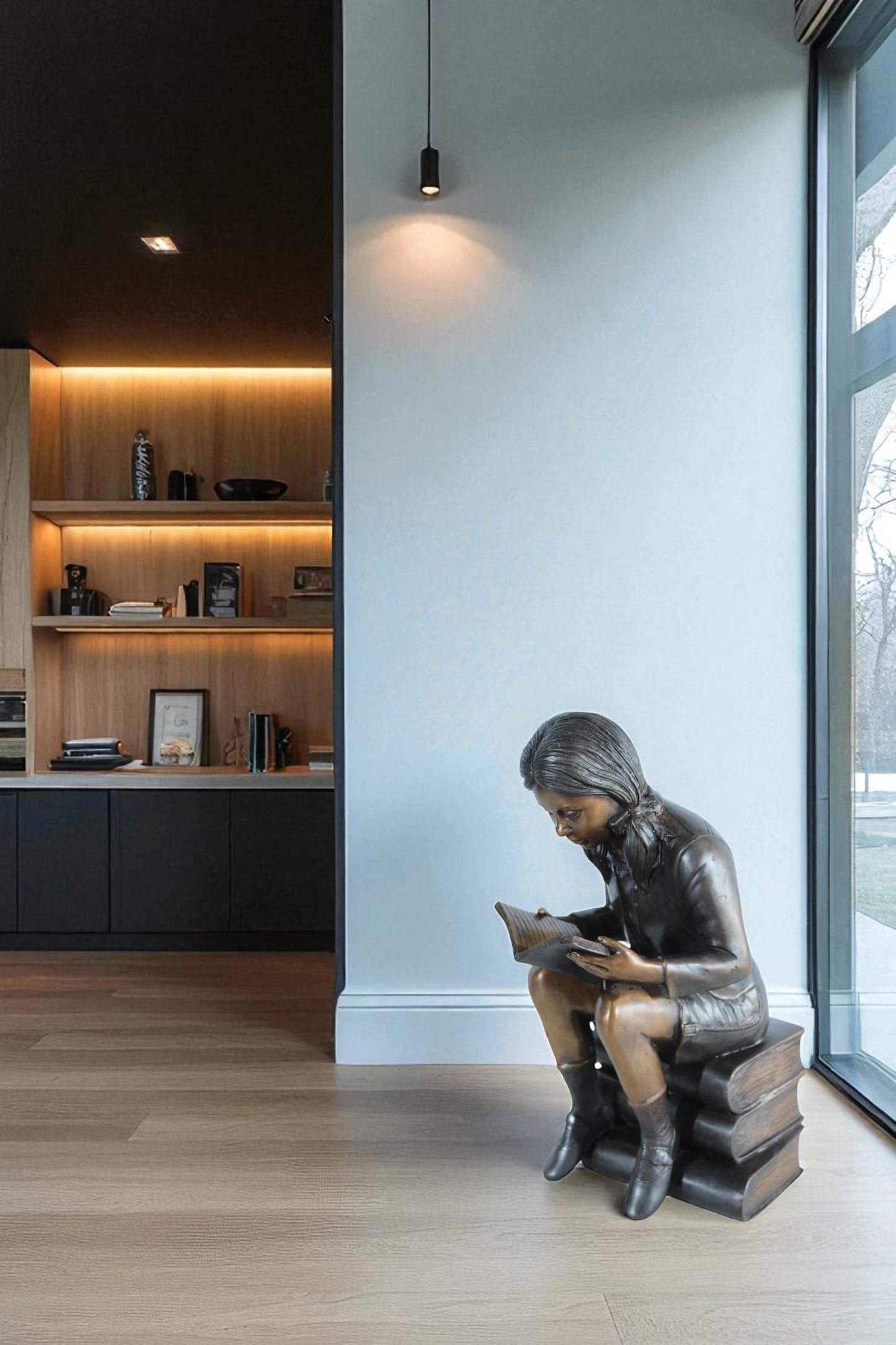 NIFAO Bronze Girl Reading Statue on Book Stack Library Sculpture Art 8" x 6" x 15"H