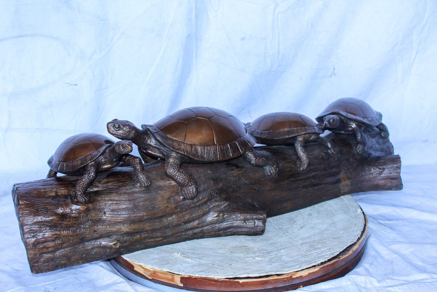 Four Turtles on Tree Log Bronze Statue, Charming Wildlife Decor 39" x 15" x 10"H