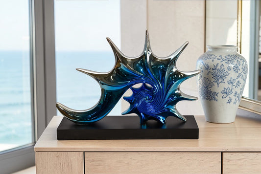 Modern Blue Chrome Sea Urchin Resin Statue on Black Base 17" x 4" x 12"H