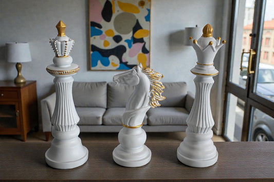 Decorative Chess Pieces Set White Gold Resin Figurines 4"x13"x14"H