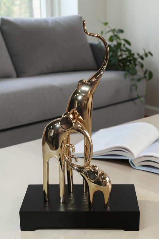 Gold Elephant Family Resin Statue on Black Base 11" x 5" x 8"H