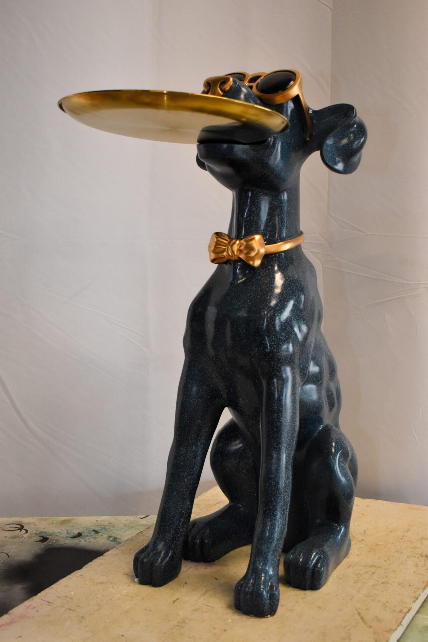 Happy Host Dog Resin Statue with A Tray, Blue Finish 25" x 12" x 31"H