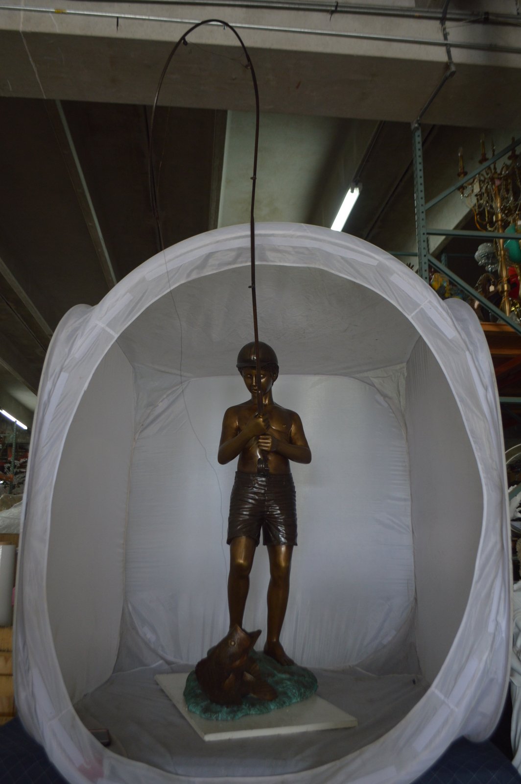 Standing Boy Fishing Fountain Bronze Statue - Size: 58"L x 25"W x 72"H.