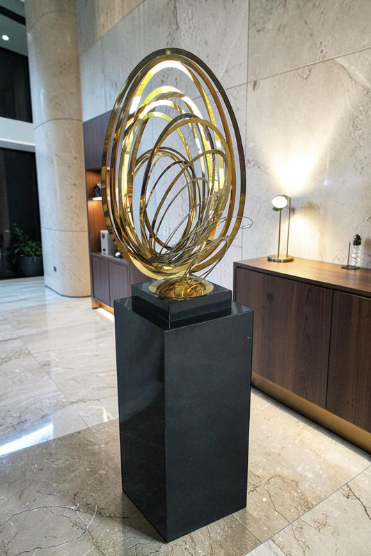 Modern Abstract Brass Sculpture with Black Pedestal Stand 18" x 14" x 67"H