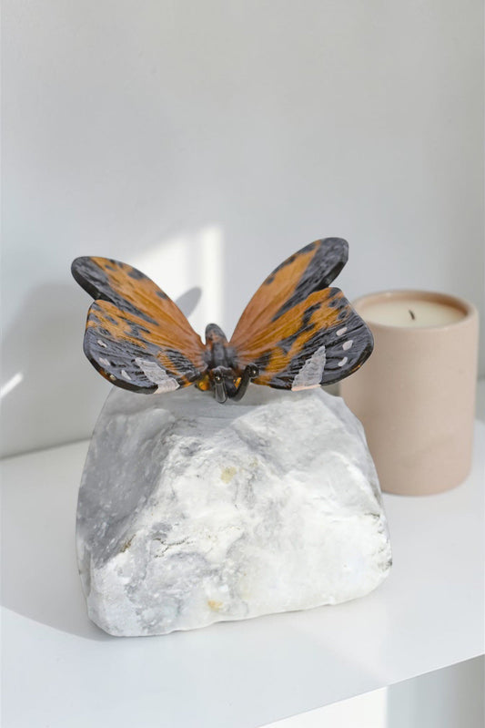 Orange Butterfly made of Bronze mounted on a rock - Size: 5"L x 5"W x 4"H.