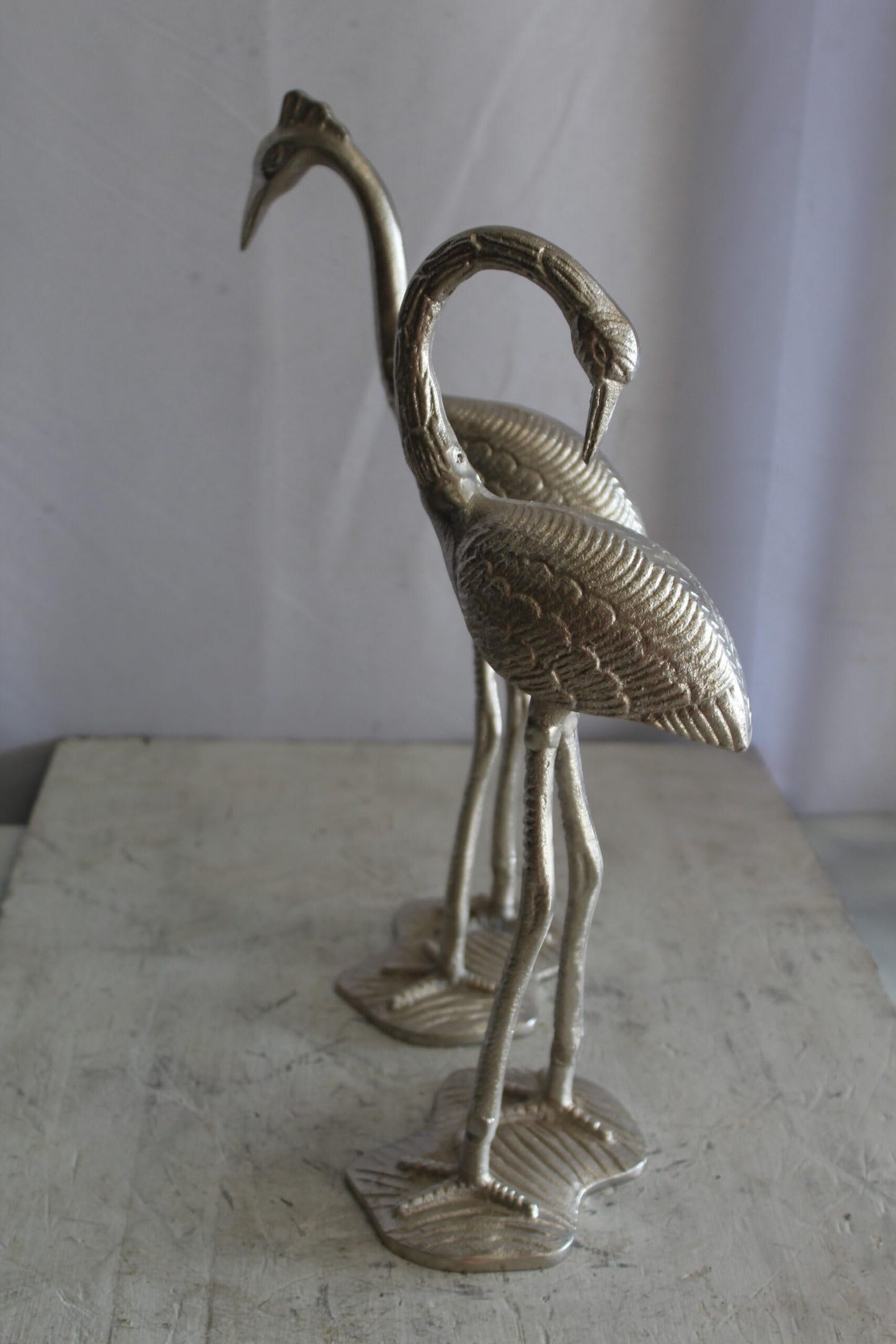 Art Deco Silver Flamingo Pair, Aluminum Decor Set 10" x 7" x 19"H