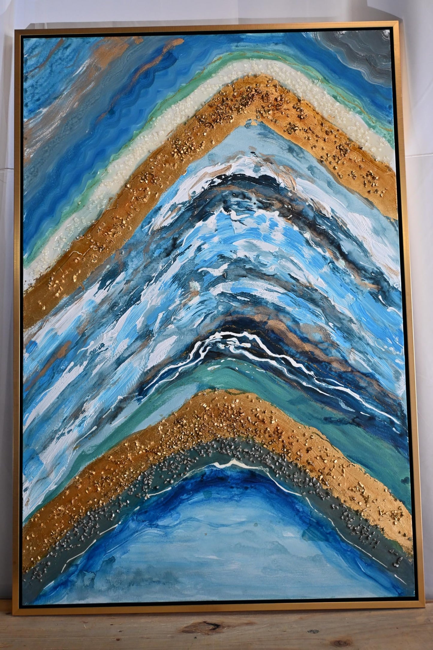 Silence Geode Abstract Canvas Painting Blue Gold Framed 61"x41"