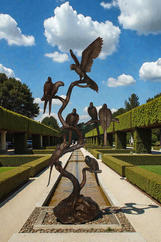 Eight Parrots Standing on a Tree Bronze Statue 33" x 24" x 66"H