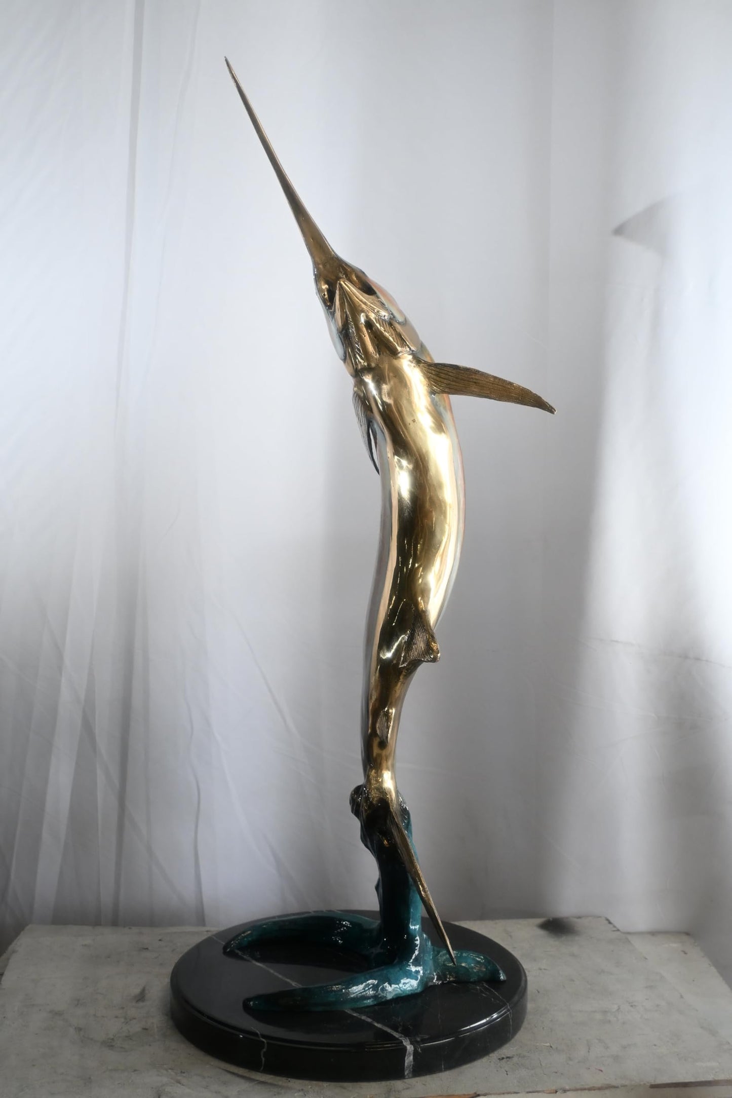 Leaping Marlin on Wave Bronze Sculpture Marble Base 14"x14"x41"H