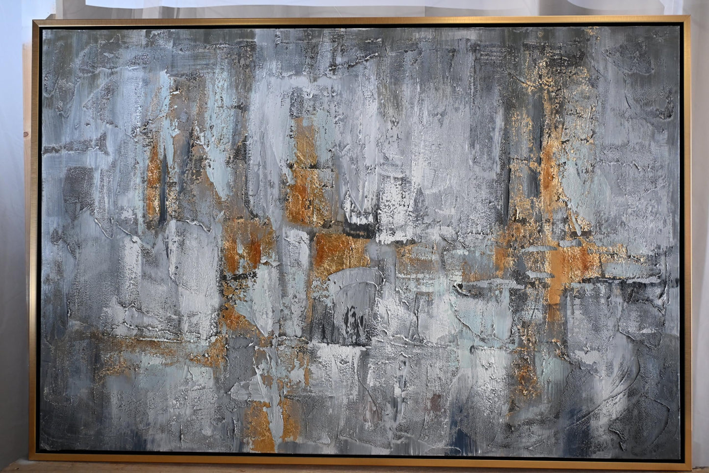 Velvet Dream Abstract Canvas Painting Gray Gold Framed Art 41"x61"