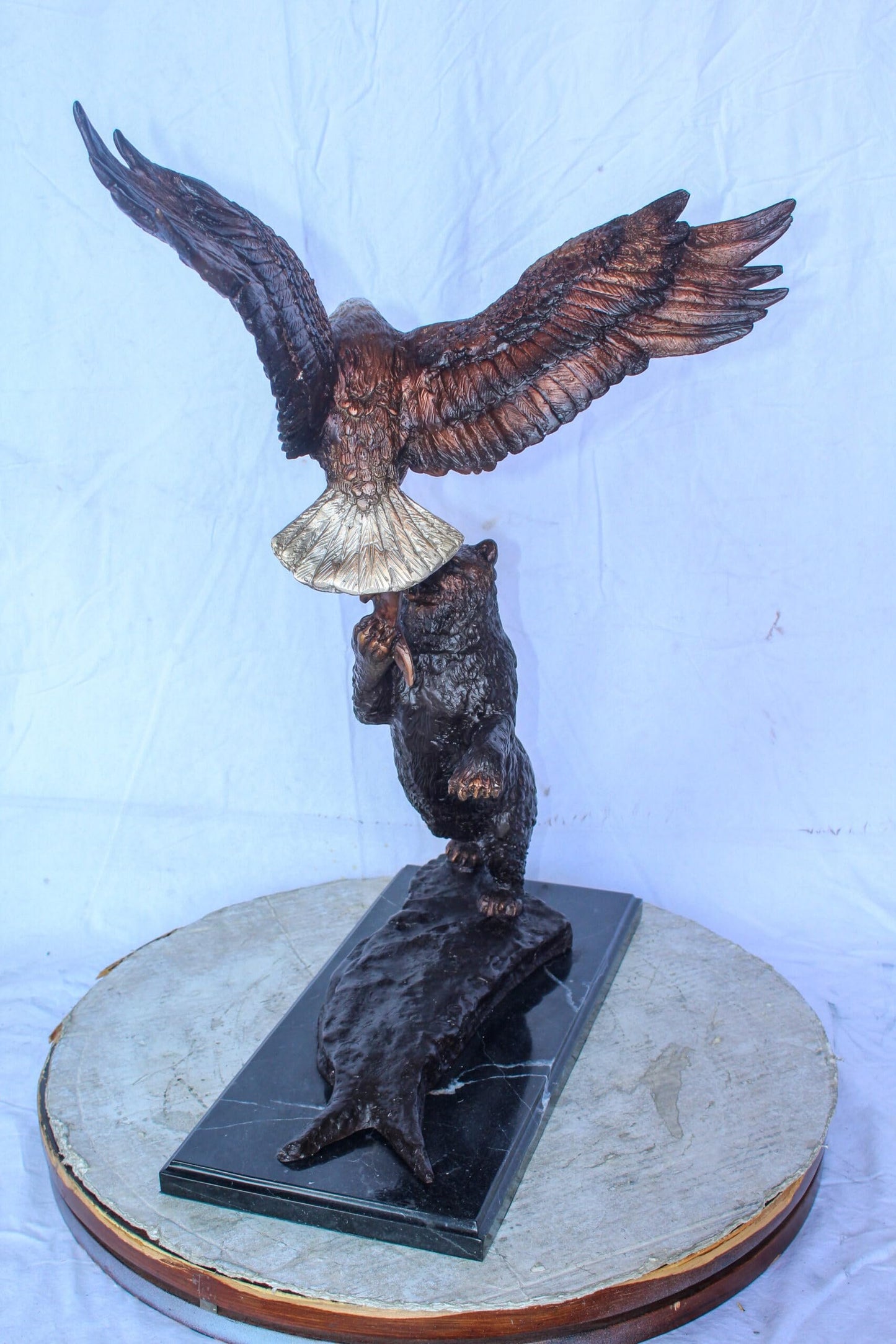 Bronze Statue of an Eagle and Bear Fighting for Fish Prey  24" x 9" x 28"H
