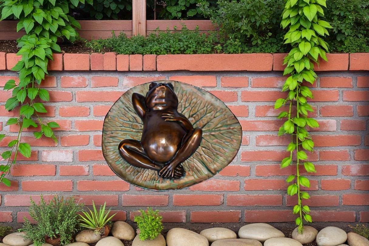 Relaxed Frog Supine on a Lily Bronze Statue Wall Fountain  14" x 6" x 12"H