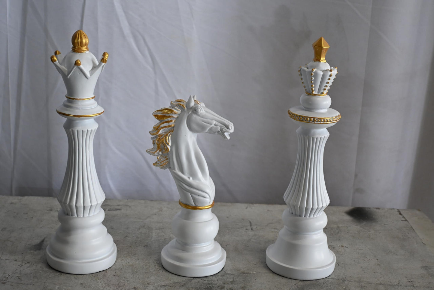 Decorative Chess Pieces Set White Gold Resin Figurines 4"x13"x14"H