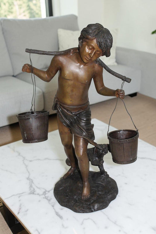 Boy with two buckets Bronze Statue - Size: 14.5"L x 10"W x 23"H.