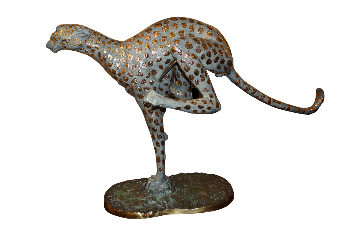 Running Cheetah - Gold Pleated Bronze Statue - Size: 67"L x 23"W x 41"H.