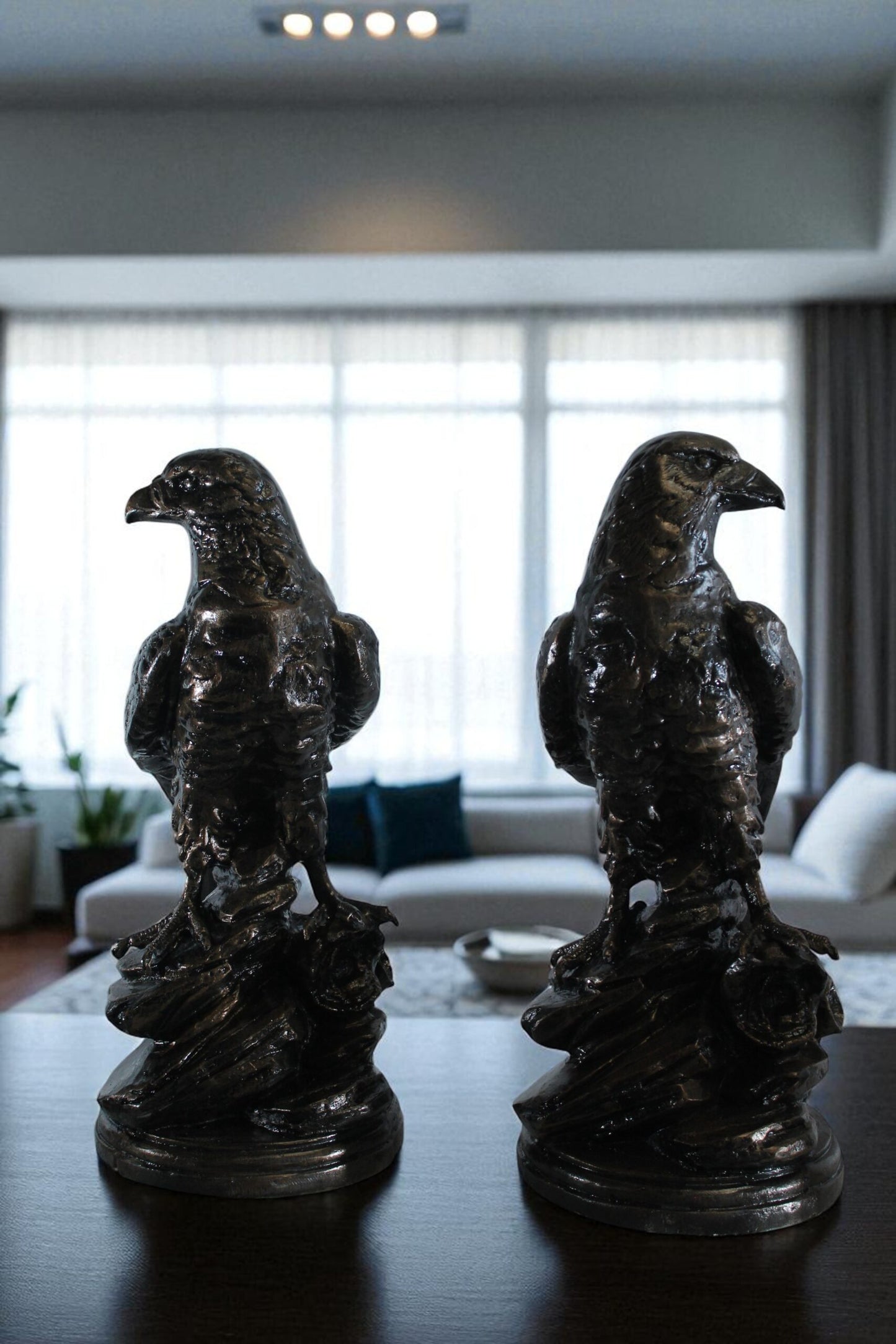 Pair of Aluminum Eagle Statues Majestic Bird Sculptures 20" x 12" x 14"H