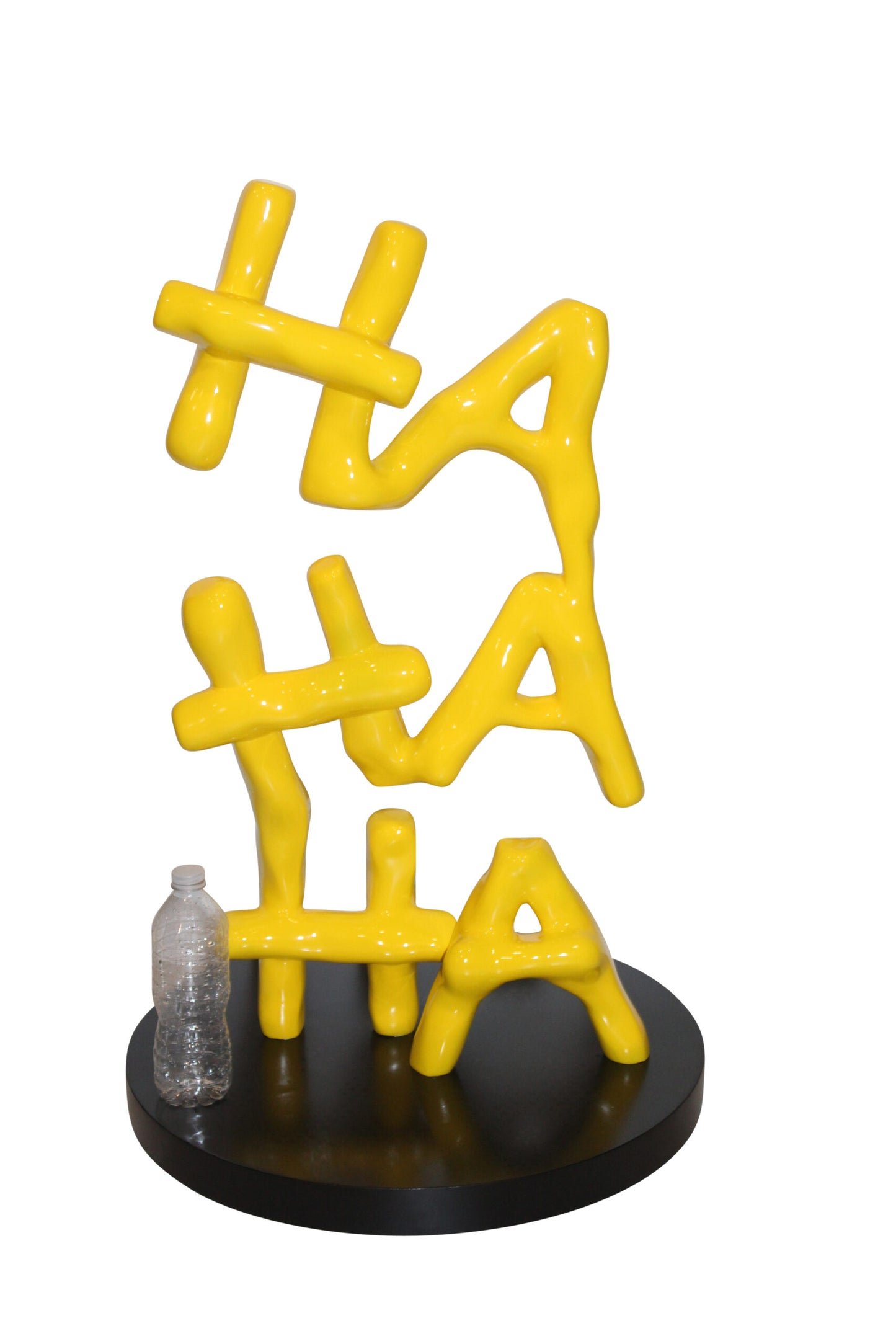 Yellow Pastel HA HA HA Resin Statue on Black Metal Base 20" x 20" x 31"H