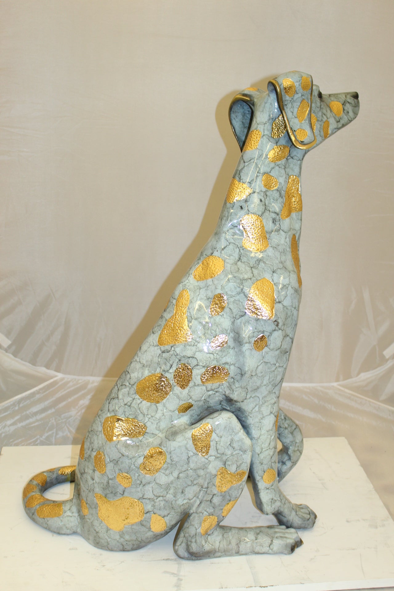 Pair of Golden Pleated Dalmatians Sitting Bronze Statue - 21"L x 16"W x 35"H.