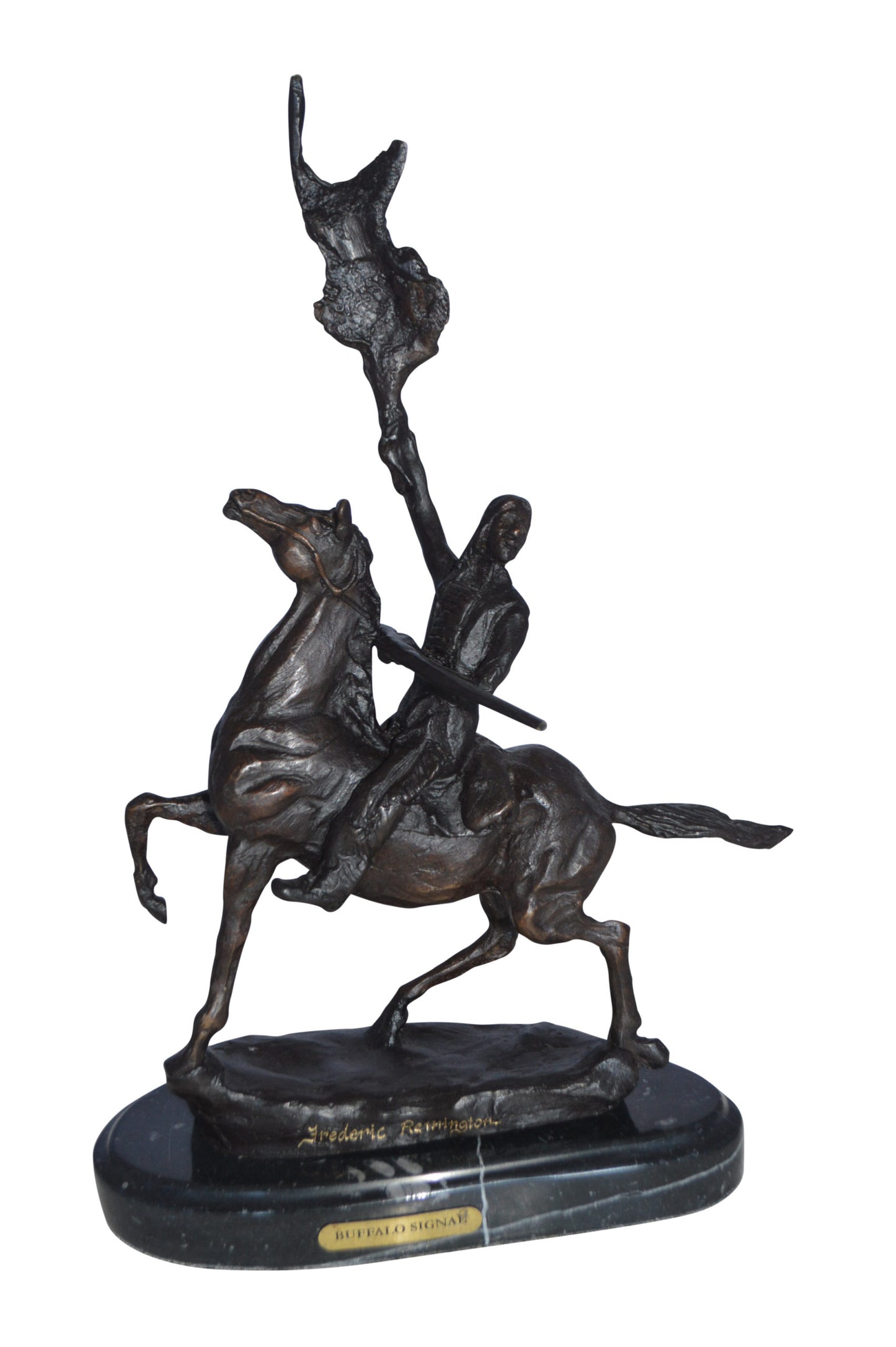 Buffalo Signal Bronze Statue by Remington 13H -  Size: 8"L x 3"W x 13"H.