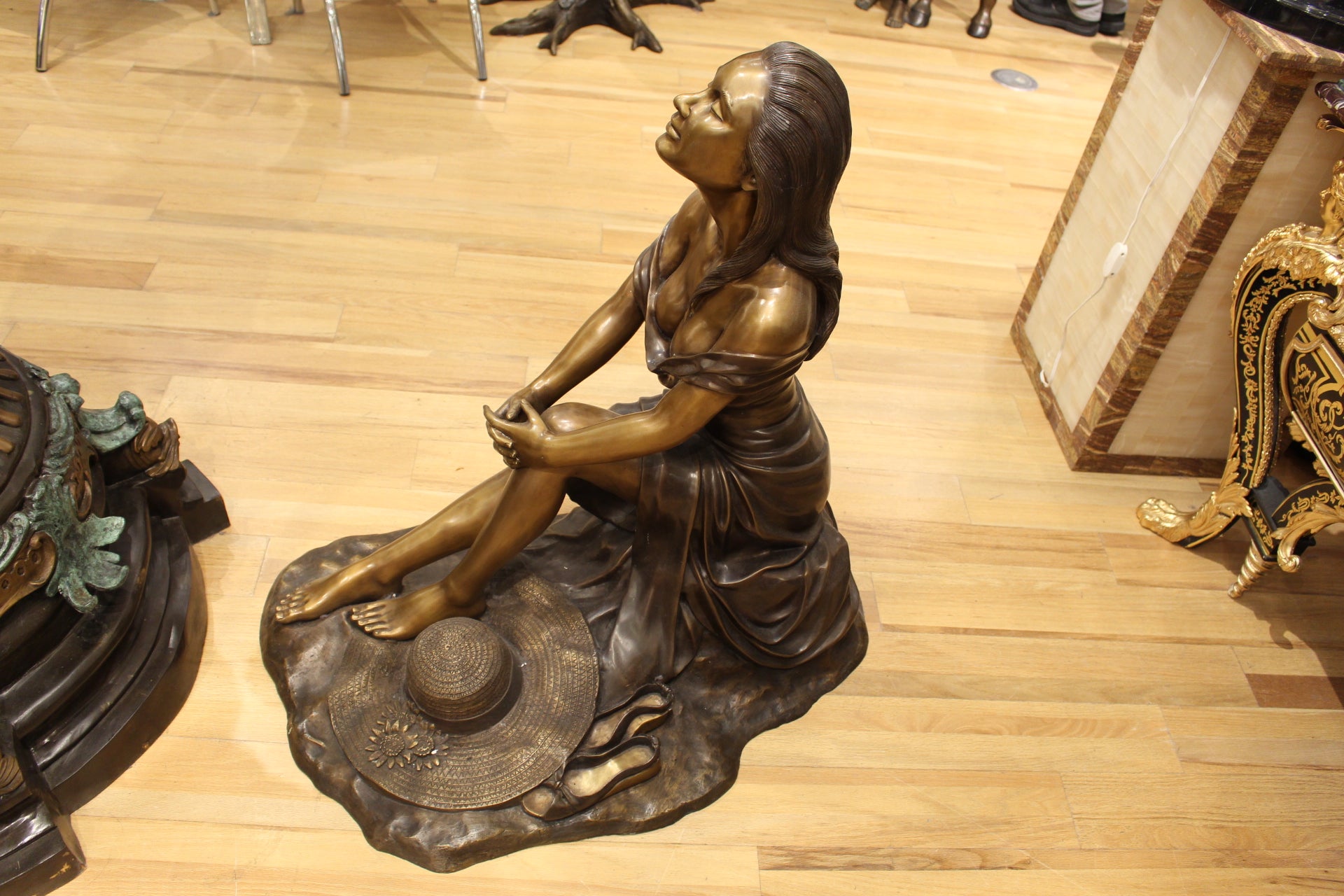Lady on Stone Bronze Statue -  Size: 33"L x 23"W x 34"H. 