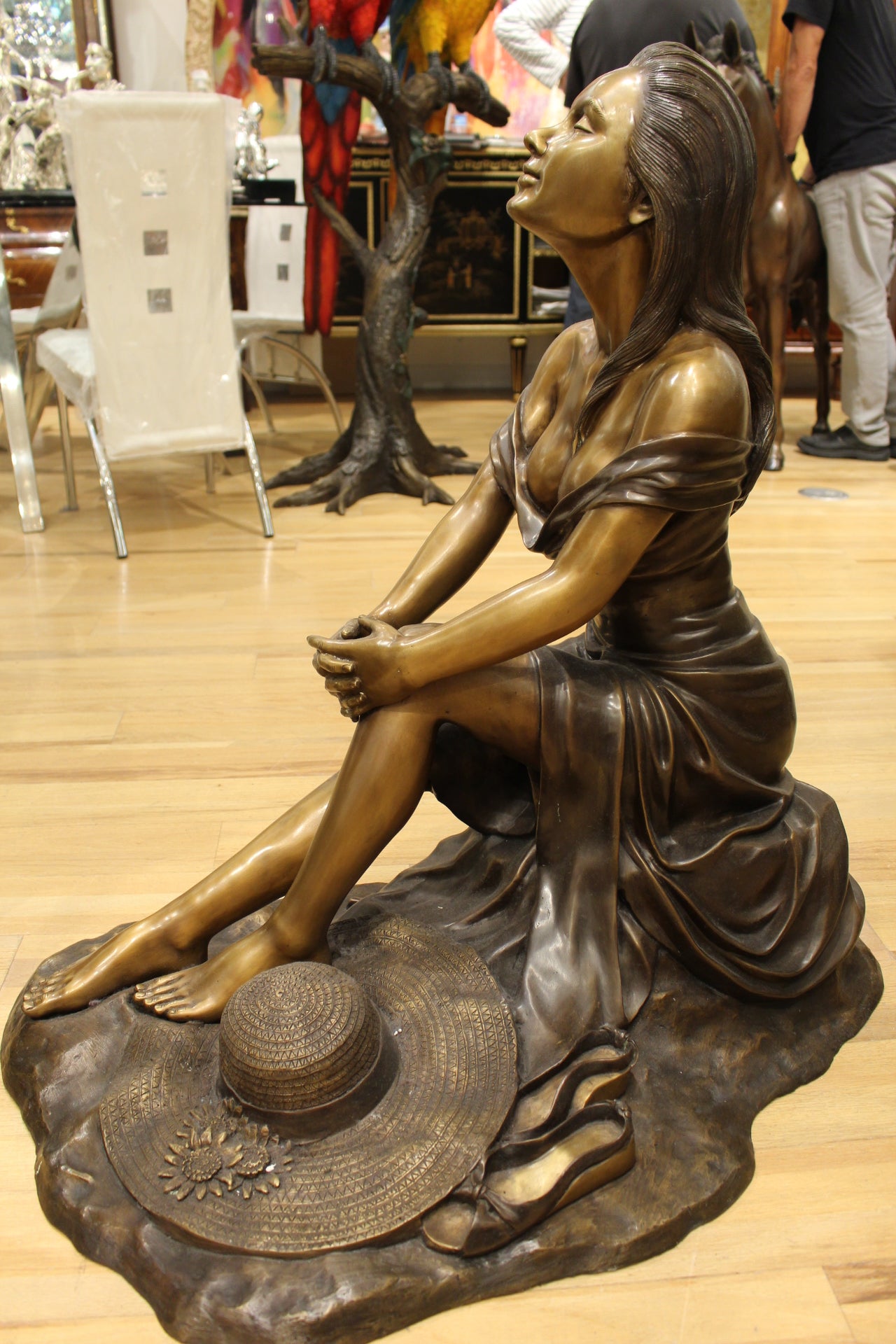 Lady on Stone Bronze Statue -  Size: 33"L x 23"W x 34"H. 