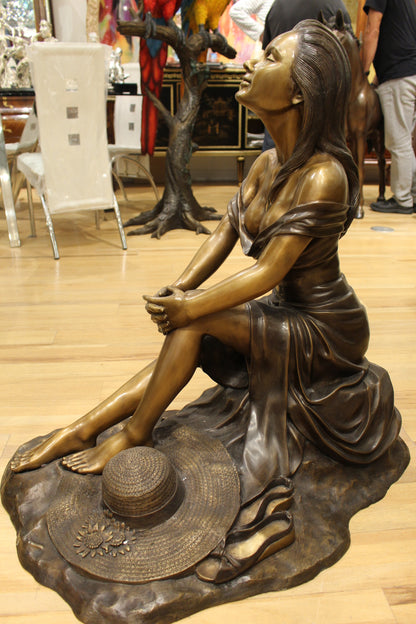 Lady on Stone Bronze Statue -  Size: 33"L x 23"W x 34"H. 