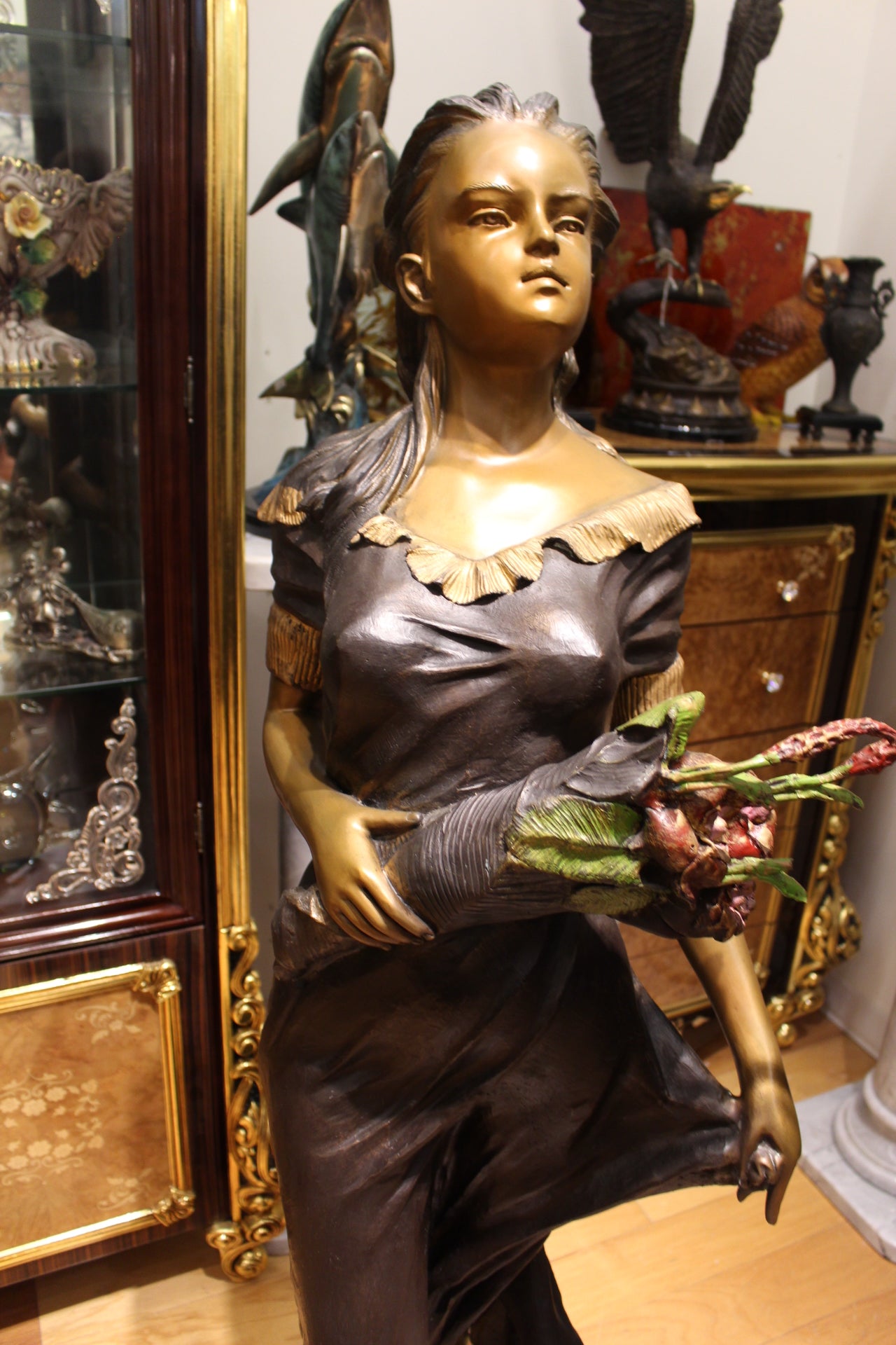 Woman Holding Bouquet Standing on Lily  Bronze Statue/Fountain 28" x27"x 60"H. 