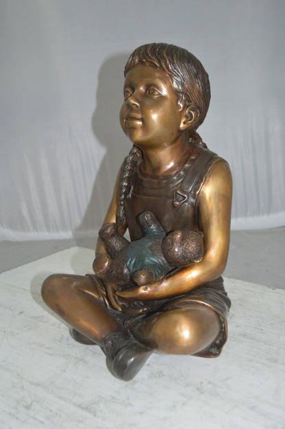 Sitting Girl with Bear Bronze Statue - Size: 13"L x 12"W x 15"Hss.