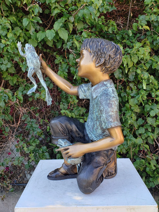 A Little Boy Playing with Two Frogs Bronze Statue Fountain  18" x 16" x 25"H