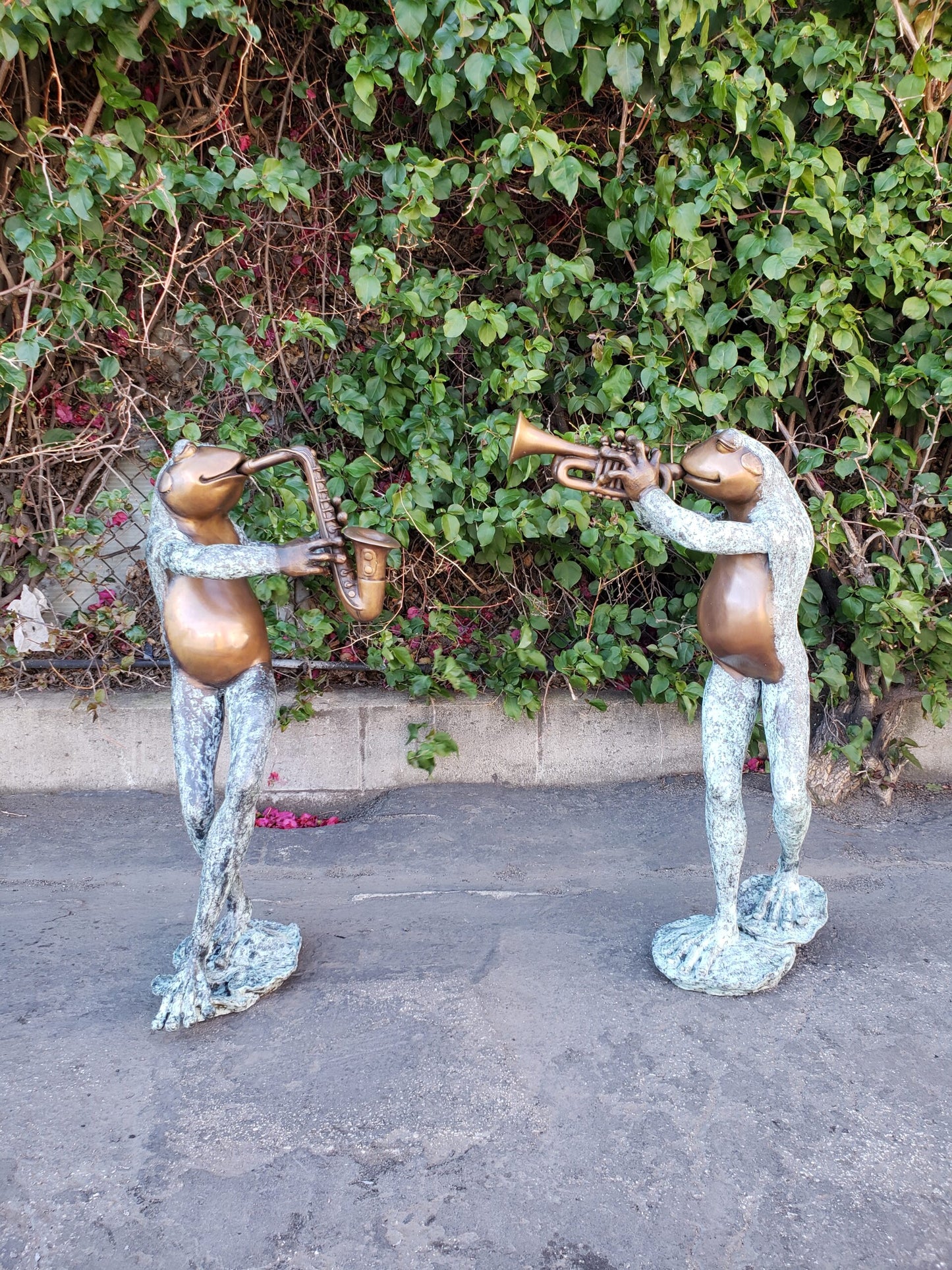 Pair of Musical Frogs Playing Instruments Bronze Statue Size: 16" x 13" x 33"H