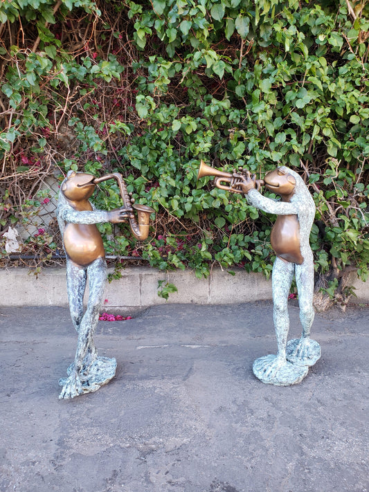 Pair of Musical Frogs Playing Instruments Bronze Statue Size: 16" x 13" x 33"H