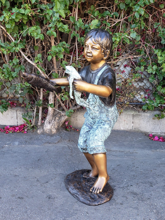 Playful Young Boy with Fish and Frog Bronze Statue Fountain  19" x 16" x 32"H
