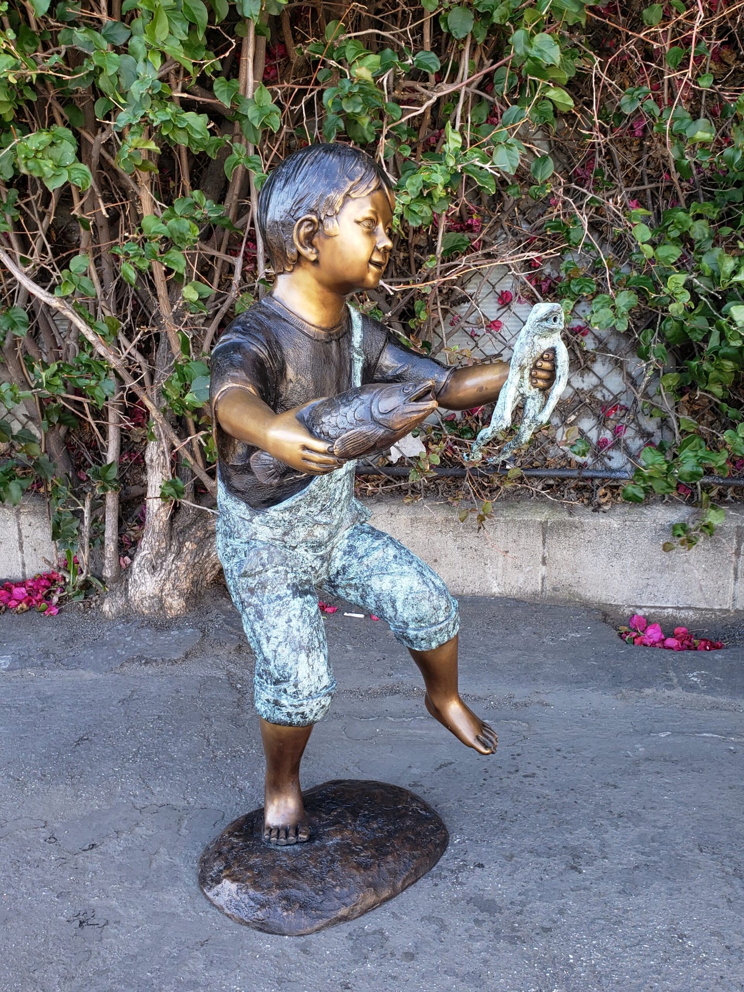 Playful Young Boy with Fish and Frog Bronze Statue Fountain  19" x 16" x 32"H