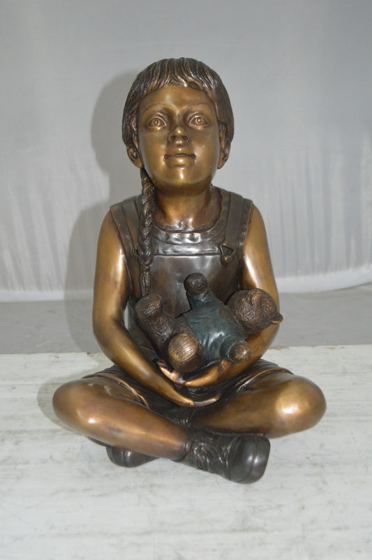 Sitting Girl with Bear Bronze Statue - Size: 13"L x 12"W x 15"Hss.
