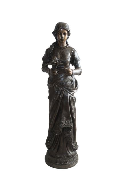Classic Bronze Statue, Elegant Young Girl holding flowers 13" x 14" x 39"H