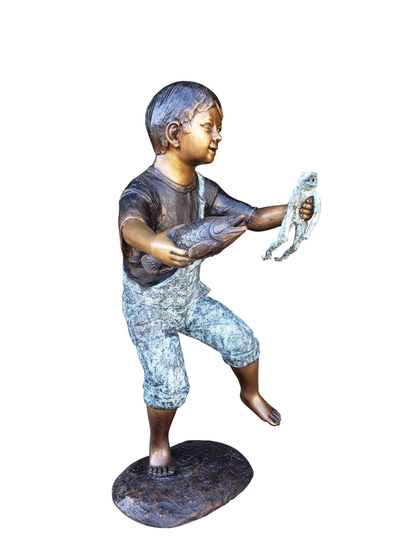 Playful Young Boy with Fish and Frog Bronze Statue Fountain  19" x 16" x 32"H