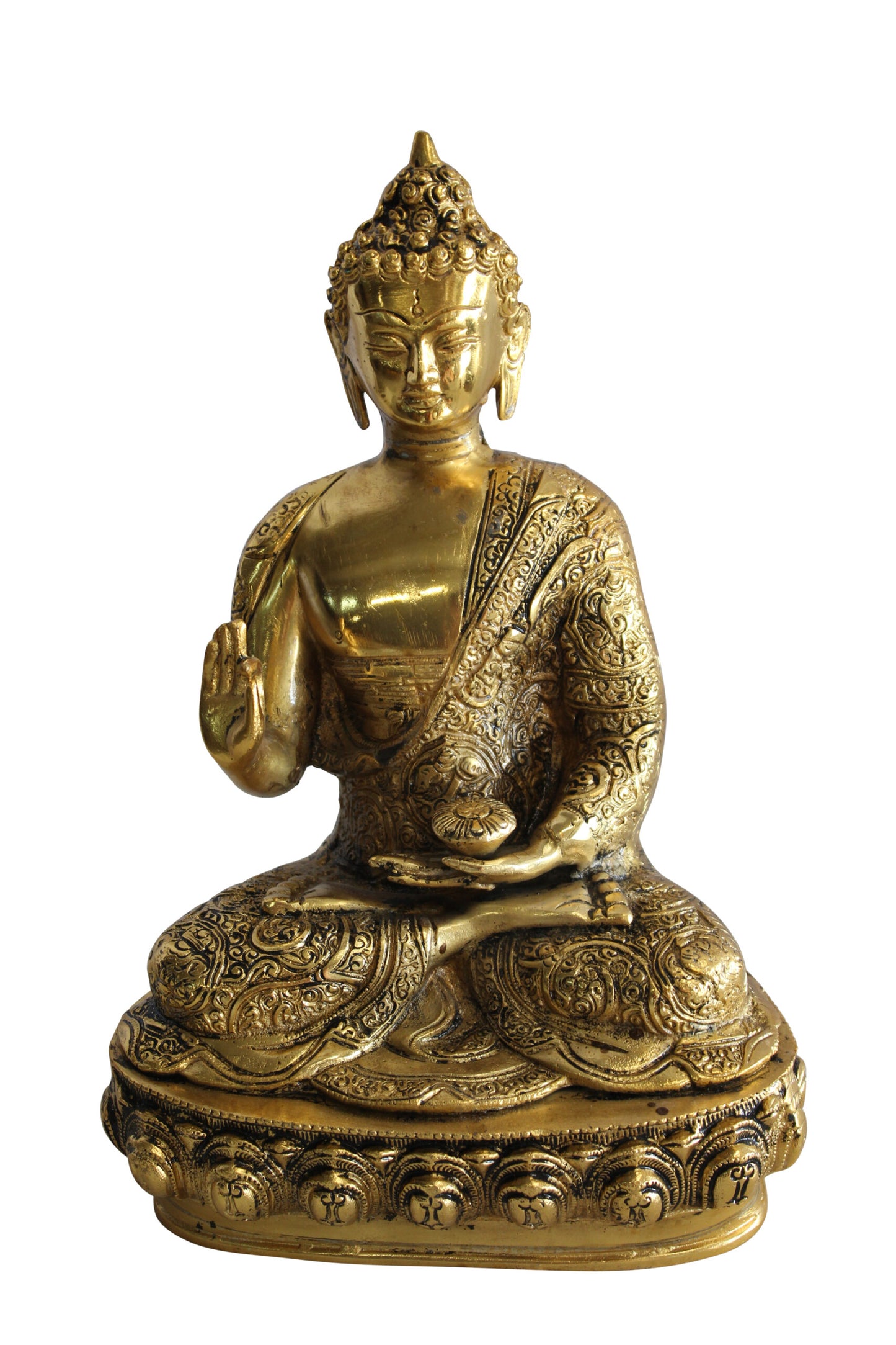 Tibetan Buddha Aluminum Sculpture in Radiant Gold Finish 10" x 7" x 14"H