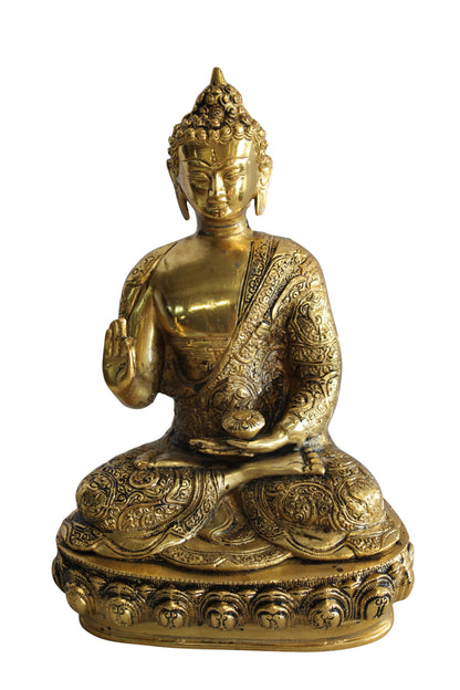 Tibetan Buddha Aluminum Sculpture in Radiant Gold Finish 10" x 7" x 14"H
