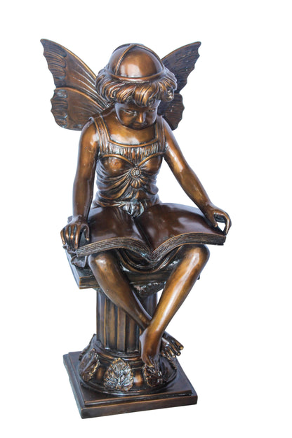 Enchanting Fairy Reading Book Bronze Statue, Magical Home Decor 10" x 12" x 21"H