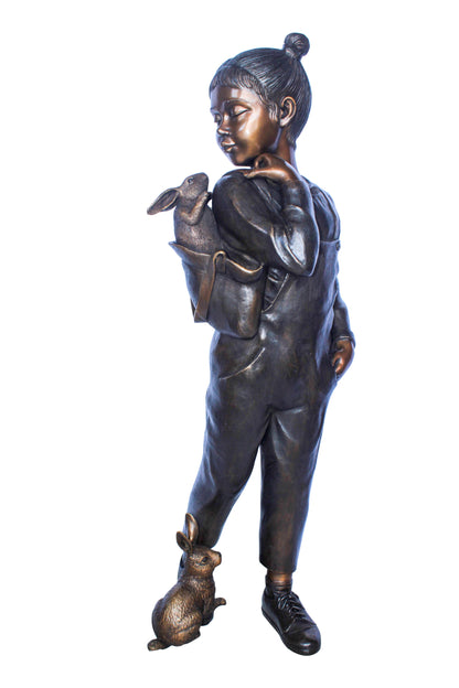 Girl with Two Bunnies in Nature Bronze Statue, Delightful Decor 17" x 13" x 44"H
