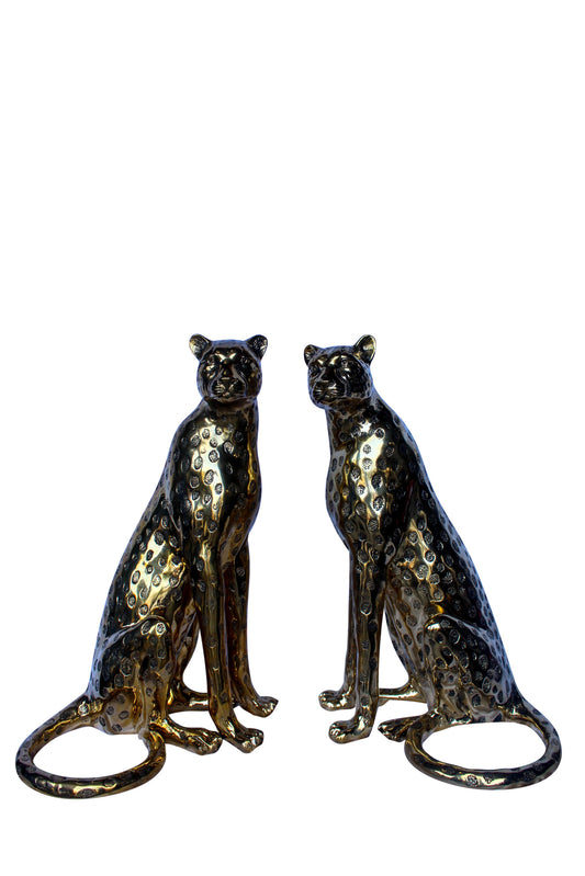Pair of Sitting Cheetahs Bronze Statues, Gold Finish 21" x 21" x 34"H