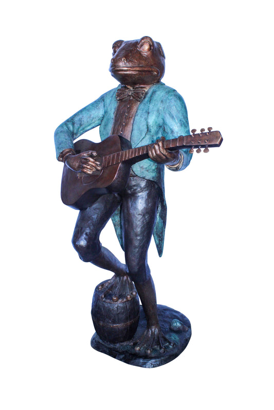Frog Playing Guitar Bronze Statue, Comical Art Decor 35" x 24" x 62"H