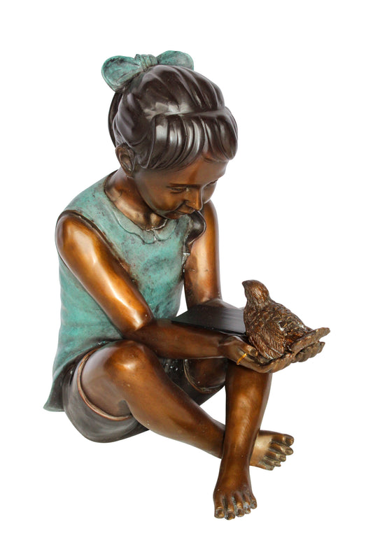 Bronze Girl Holding Bird Statue Lost Wax Sculpture with Patina 19" x 10" x 20"H